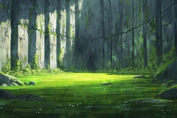 Poster - A vibrant digital painting of a lush, green forest with towering cliff walls and a serene stream, evoking a sense of adventure and tranquility in nature