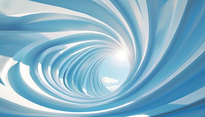 Canvas Print - An abstract twisted tunnel of blue waves opens up to a calming blue sky with clouds, representing an escape