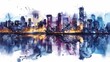 © Watercolor_Kawaii - This watercolor painting captures a night scene of a city skyline reflected in the river, Clipart minimal watercolor isolated on white background