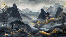 An Immersive Mural Wallpaper Showcasing A Mystical Night Scene With Towering Dark Mountains, A Soft Gray Background Illuminated By Twinkling Stars, Graceful Deer Figures, Stark Black Trees,