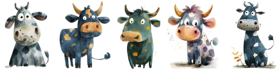 Cartoon cow collection on transparent background. Watercolor illustrated book style. Farm animals