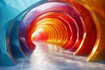 Canvas Print - a digital art representing an abstract tunnel with arches in warm tones transitioning from blue to f