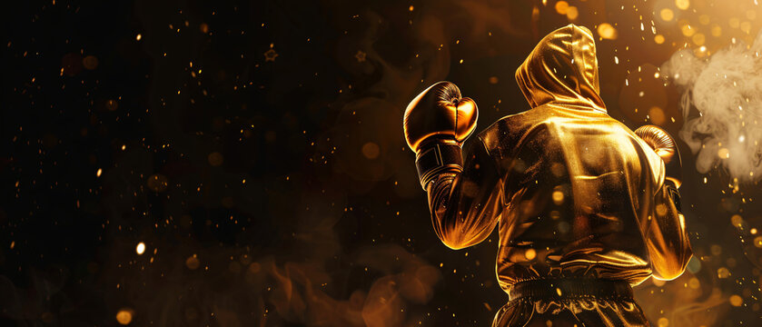 Golden Boxer Ready in Stance with Sparkles on Dark Background