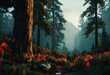  Misty landscape featuring a fir forest in a vintage retro aesthetic 