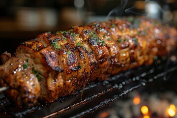 Wall Mural - A perfectly prepared meat skewer sizzles on a smokey grill, emphasizing the culinary art of barbecuing