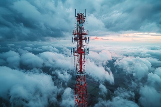 A red and white telecommunications tower stands majestically, piercing through a dense layer of white clouds under a soft sky