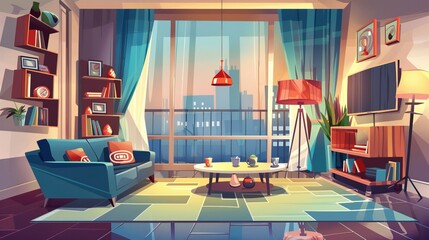 Wall Mural - The background of the game features a modern living room interior with sofa, shelves, and a coffee table. The illustrations depict a 2D cartoon dwelling or hotel with furniture, home apartment design