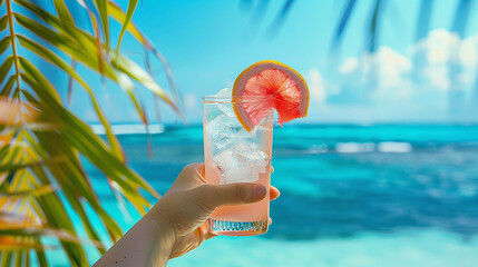 orange colored cocktail in the hand on the beach with blue ocean an green palm leaves in the background