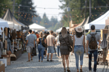 People browsing outdoor art markets in summer. Casual shoppers exploring a variety of artisan crafts and decorative items. Summer art fair concept