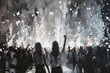 Abstract urban scenes depicting crowds at outdoor music festivals. Artistic representation of summer music events in expressive brushstrokes. Summer music festival concept for design and poster