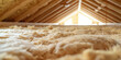 © IndigoElf - Insulation of a roof structure with wood wool. Close-up of a layer of mineral wool for insulation and soundproofing of walls and roof.