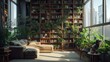cozy, stylish modern library with large floor-to-ceiling windows and tall cabinets full of a variety of books. Hobby, leisure and education concept