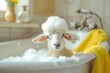 Funny lamb goat with soapy white foam on his head sits in the bathtub, taking care of pet concept, grooming and washing 
