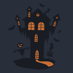 Wall Mural - Cartoon house with ghosts. Halloween haunted house silhouette, spooky ghost house flat vector background illustration. Creepy monsters haunted house