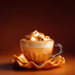 Whipped coffee in a glass cup with wavy saucer over minimal background with copy space