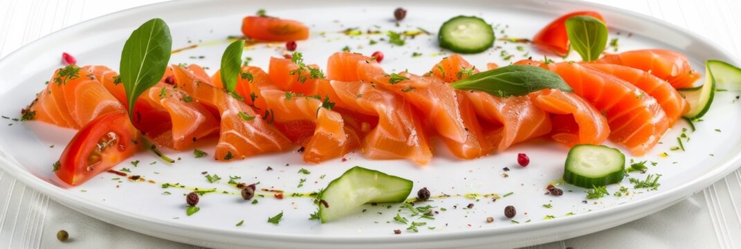 Sashimi, Raw Red Fish, Trout Slices, Salted Salmon Fillet with Cucumber and Greens on Elegant Flat Plate