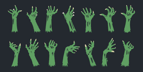 Wall Mural - Monsters bony green hands. Halloween scrawny zombie arms, horror zombie hands flat vector illustration set. Spooky living dead creepy hands