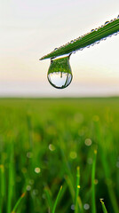 Wall Mural - An evocative image of a water droplet clinging to the edge of a grass blade, reflecting a wide, green meadow under a clear sky,