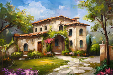 Wall Mural - Mediterranean Style House (Oil Painting) - Originated in Spain and Italy in the early 20th century, characterized by stucco walls, red-tile roofs, and arched windows and doorways