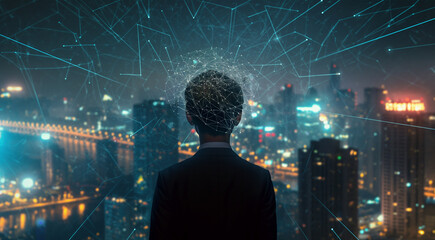 Wall Mural - business man invest on ai technology, provide futuristic service, develop the blockchain industry