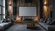A home theater with a large projector screen, gray couches, and a coffee table.