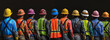 group of individuals wearing safety helmets in various colors and high visibility safety vests standing together
