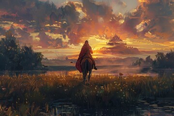 Wall Mural - A man is riding a horse in a field with a sunset in the background