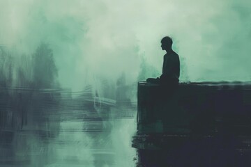 Wall Mural - A man sits on a ledge overlooking a body of water