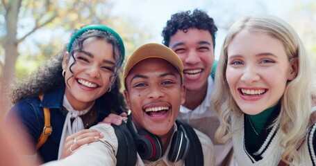 Poster - Students, happy and face outdoor with selfie for memories or social media profile, youth and education for knowledge. Friends, portrait and gen z in city for university or college, online and stream.