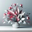A bouquet of pink tulips with silver leaves arranged in a puffy white vase sits against a soft gray background