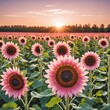A vibrant field of pink sunflowers stands tall against the backdrop of a setting sun which casts a warm glow over the petals and leaves