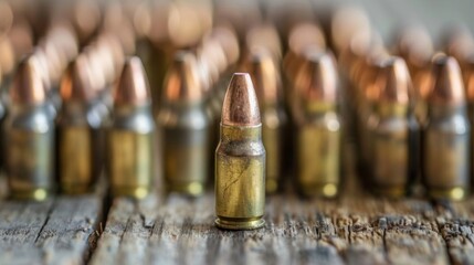 Rifle cartridges. Ammunition for weapons on a wooden surface. Dark background.