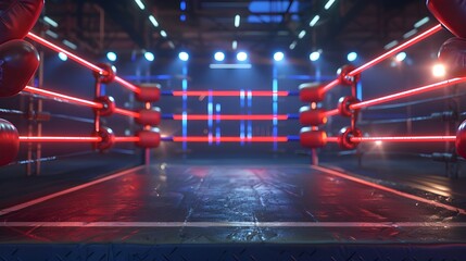 Boxing ring with illumination by spotlights. digital effect 3d render.