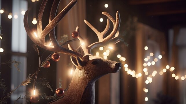 A deer head adorned with twinkling lights,