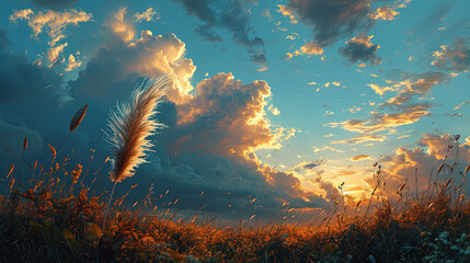 A Painting of Feather Soft and Light In The Center Of Savanna Landscape Background