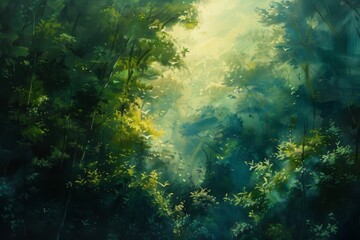  A painting of a forest with a bright blue sky