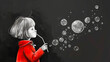 A girl blowing bubbles with a red jacket.
