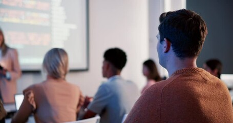 Poster - University, student or man and question in lecture for advice or understanding, learning and feedback on subject. Back view, raise hand and ask for education answer and blockchain debate discussion.