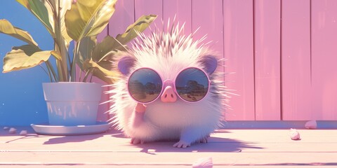 cute porcupine wearing sunglasses, solid color background, cute and quirky,