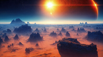 Wall Mural - alien planet landscape with glowing sun and mountains with fantastic rocks formations 3d illustratio