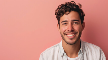 Wall Mural - A man with curly hair is smiling and looking at the camera