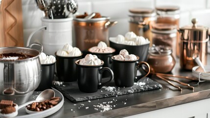 A modern hot cocoa station in your kitchen with sleek mugs