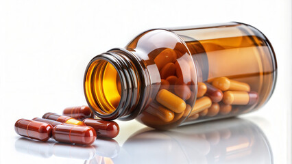 A tipped yellow bottle spilling red capsules, symbolizing pharmaceutical care, health supplements, and medication. Represents modern healthcare, treatment solutions