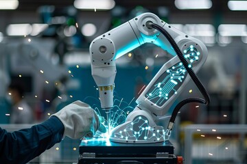Engineer hand check and control welding robotics automatic arms icon with machine in intelligent factory automotive industrial with UI monitoring system software