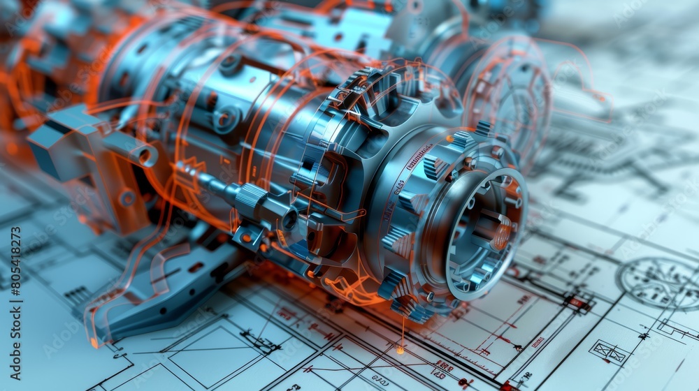 Detailed 3D engine model superimposed on engineering blueprints ...