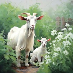 goat  and  his  baby in  green  garden