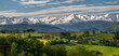Landscape of southwestern France in spring with the Pyrenees mountains in the background