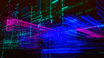 Wall Mural - Abstract digital, technology tunnel. Abstract futuristic sci-fi tunnel with grid of particles and lines. Connection and connections concept. Big data. 3D rendering.