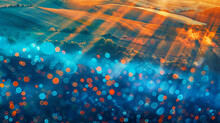 An Abstract Aerial View Of A Landscape Where Blue And Orange Light Rays Form A Patchwork Quilt Of Colors. The Bokeh Effects Add A Sense Of Scale 