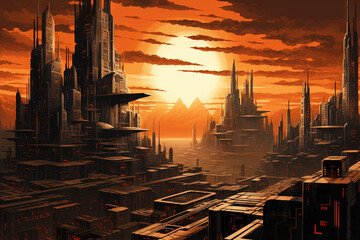 Wall Mural - Science fiction landscape with futuristic city at orange dusk on the alien planet.